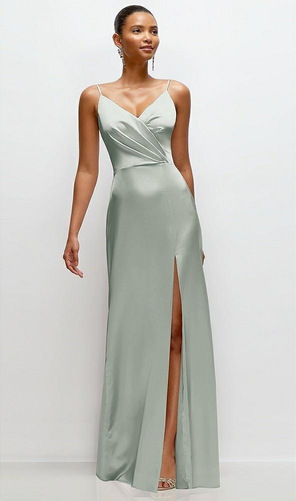 pleated faux wrap satin maxi dress with adjustable spaghetti straps
