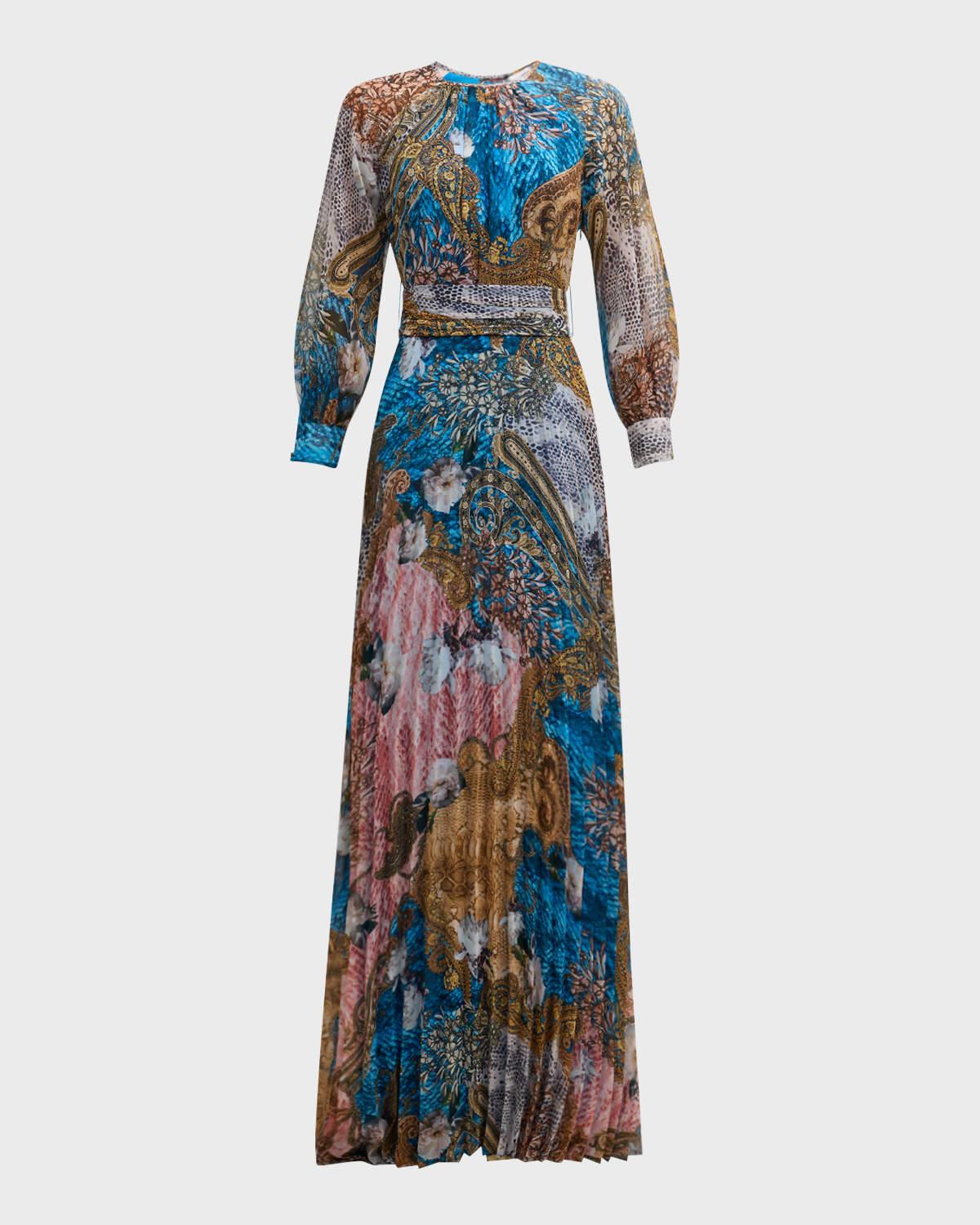 pleated floral & snakeskin-print chiffon gown