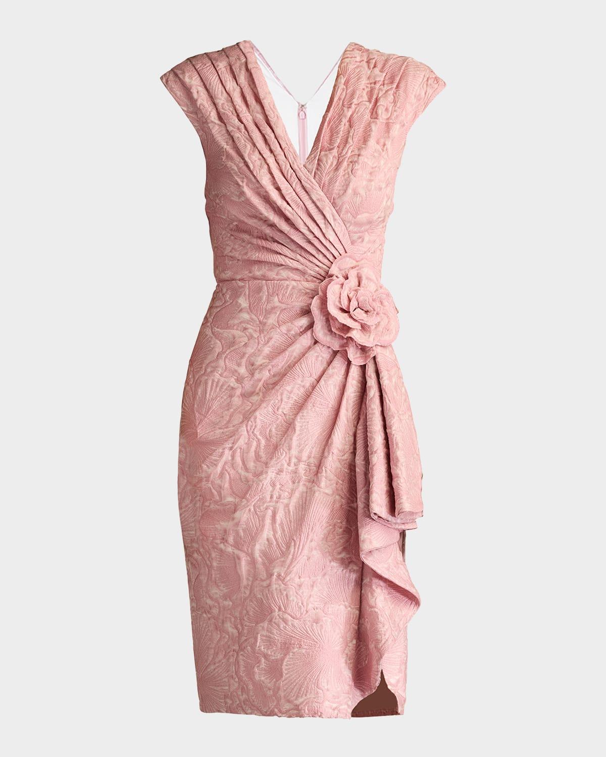 pleated floral applique jacquard dress