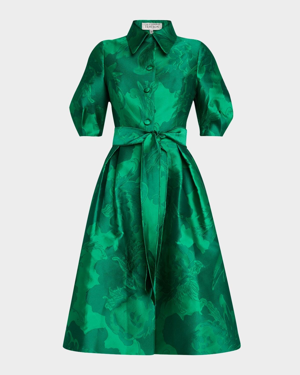 pleated floral jacquard midi shirtdress