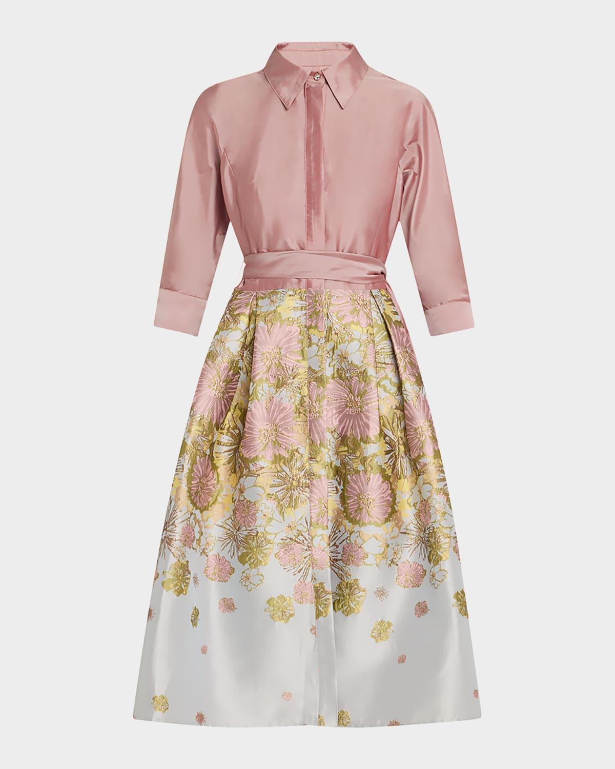 pleated floral jacquard midi shirtdress