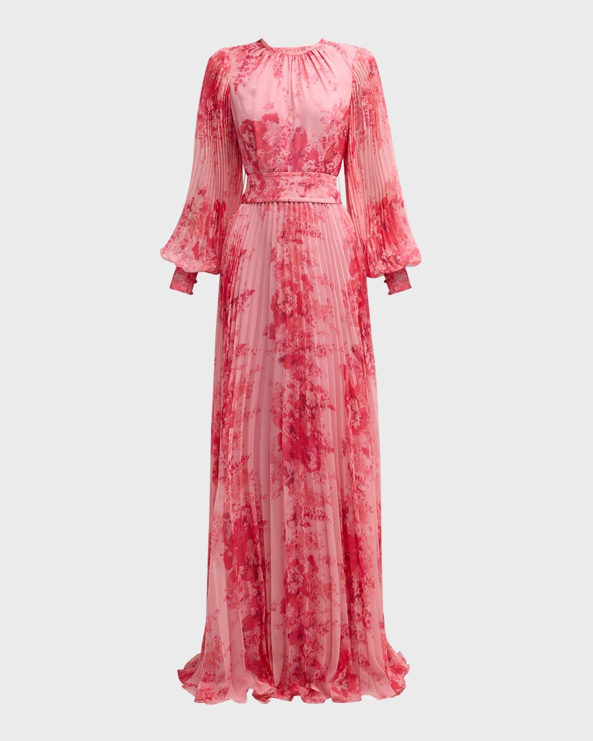 pleated floral-print blouson-sleeve gown