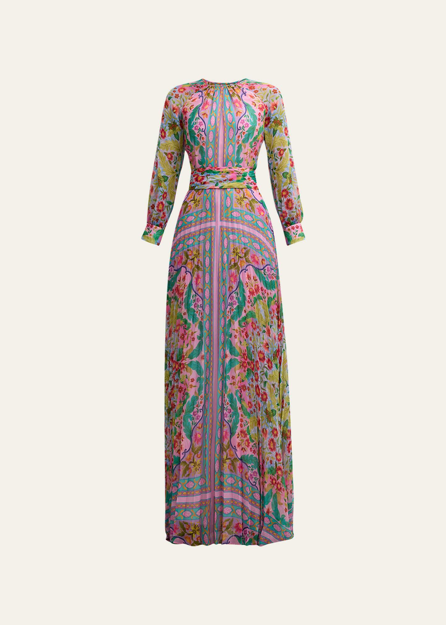 pleated floral-print chiffon gown