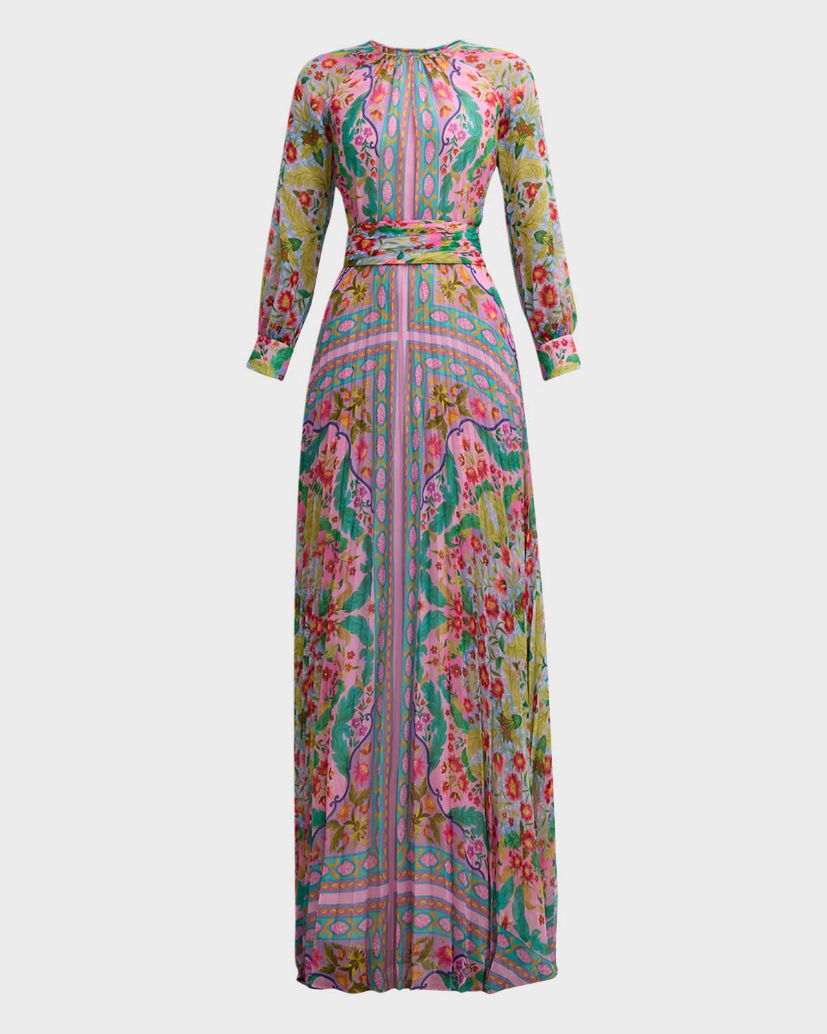pleated floral-print chiffon gown