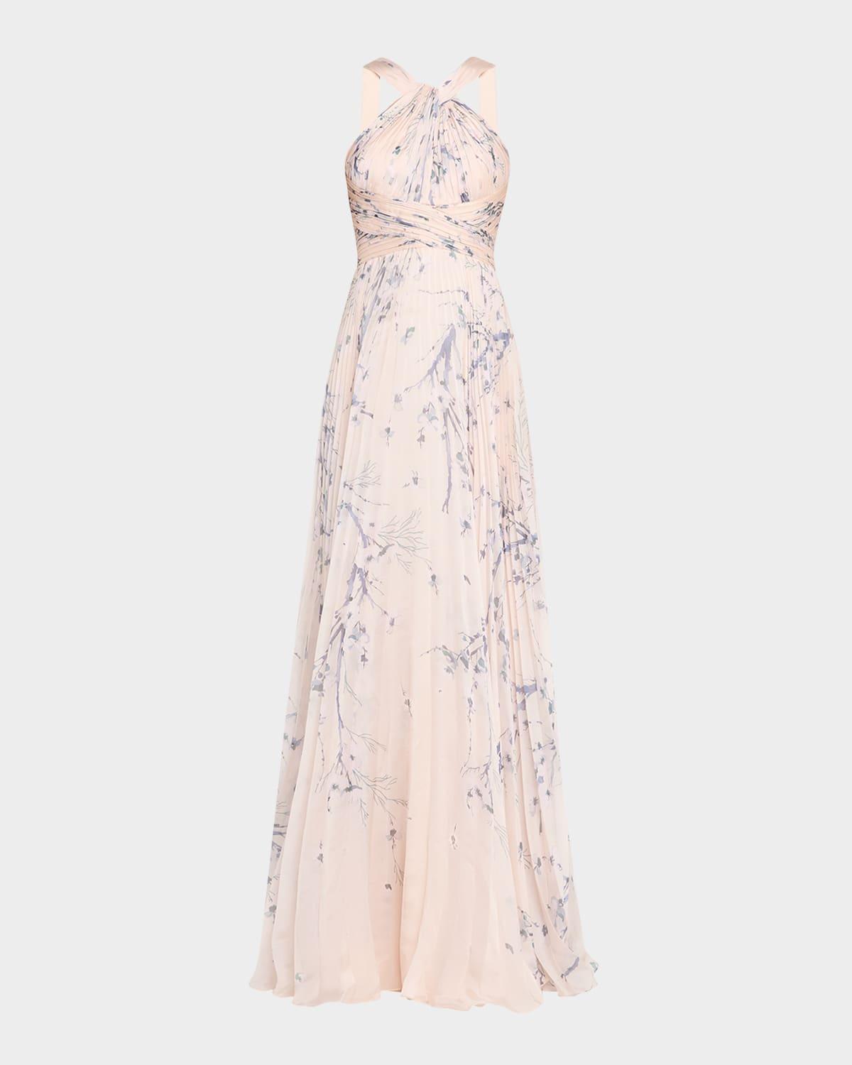 pleated floral-print halter gown