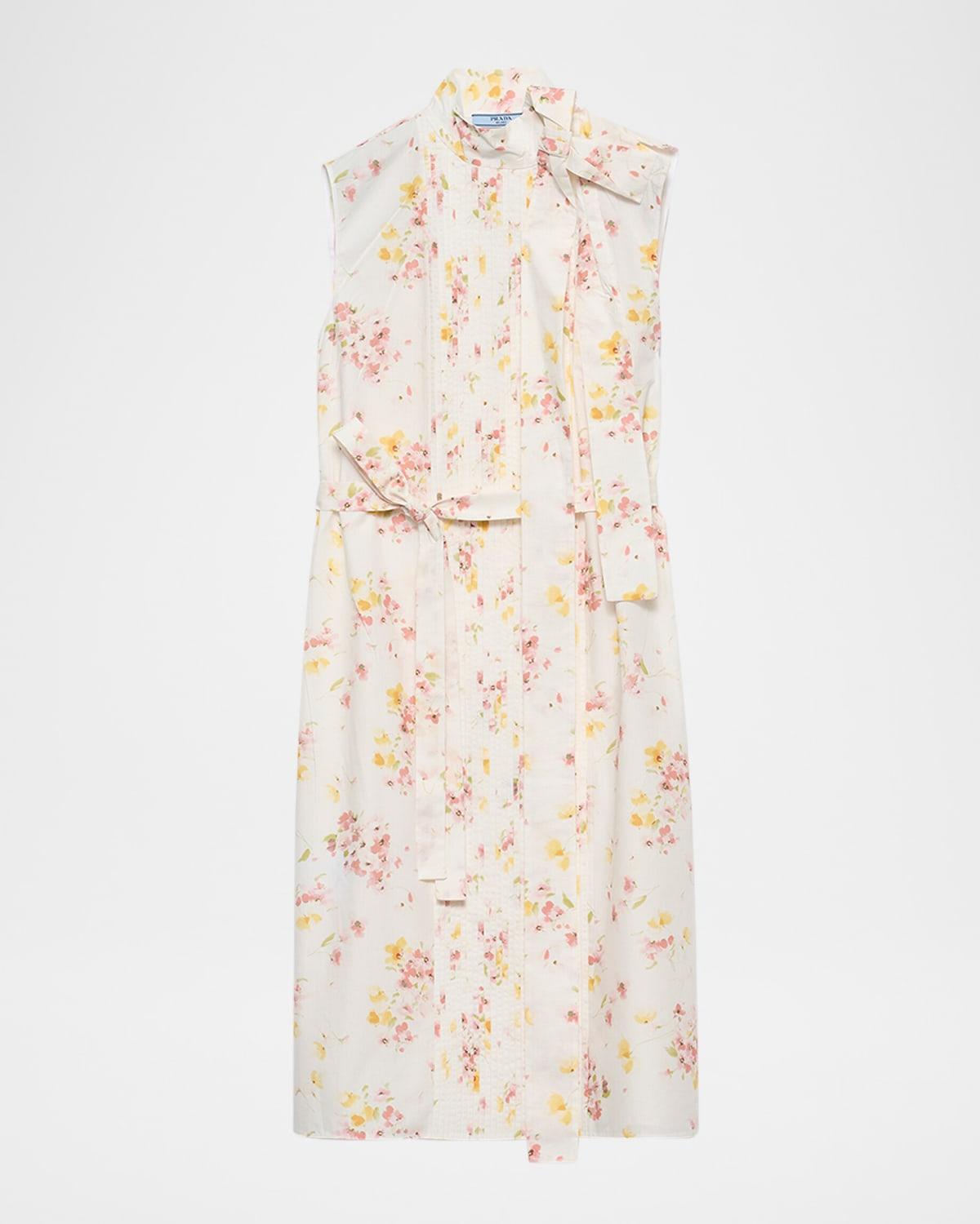 pleated floral-print poplin shirtdress