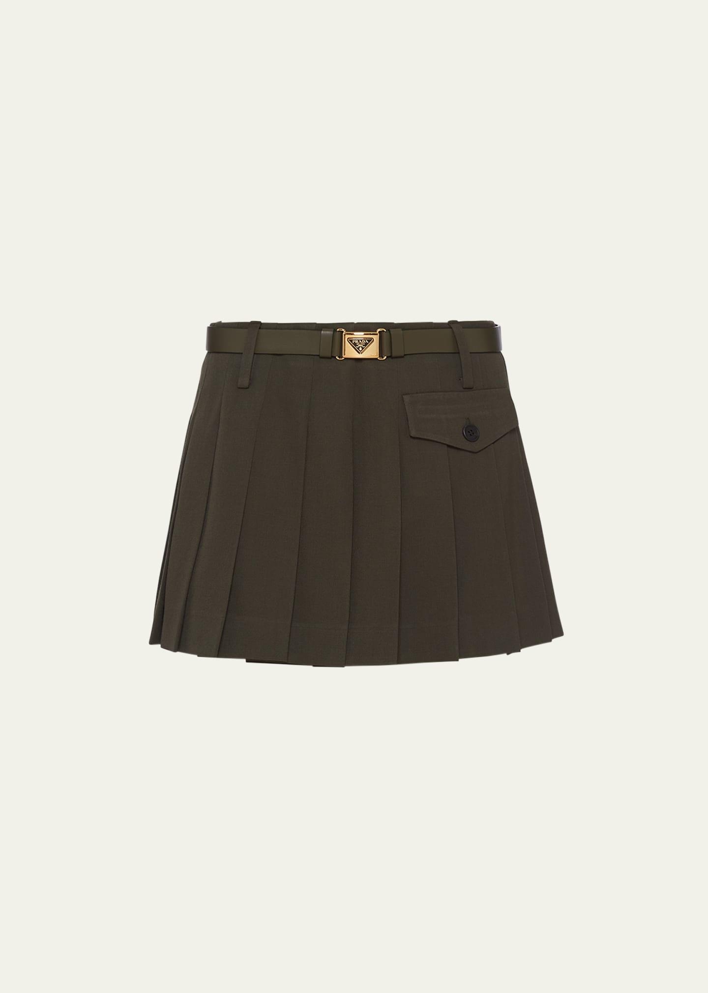 pleated gabardine leather belted mini skirt