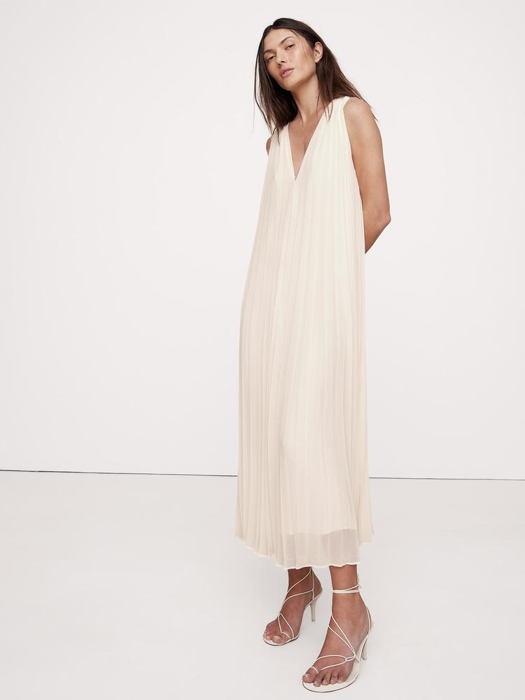 pleated georgette open-back long midi dress
