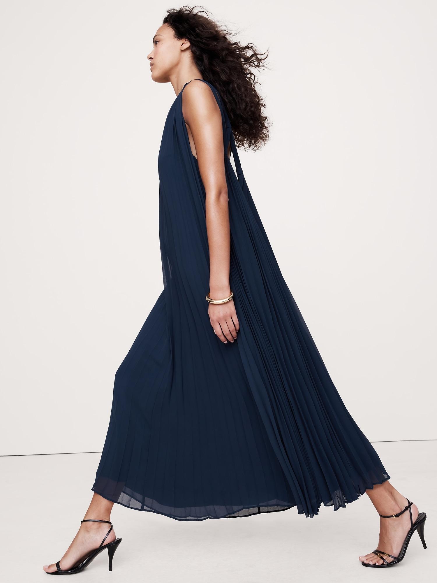 pleated georgette open-back maxi dress