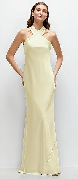 pleated halter bias satin maxi dress with self-tie bow back