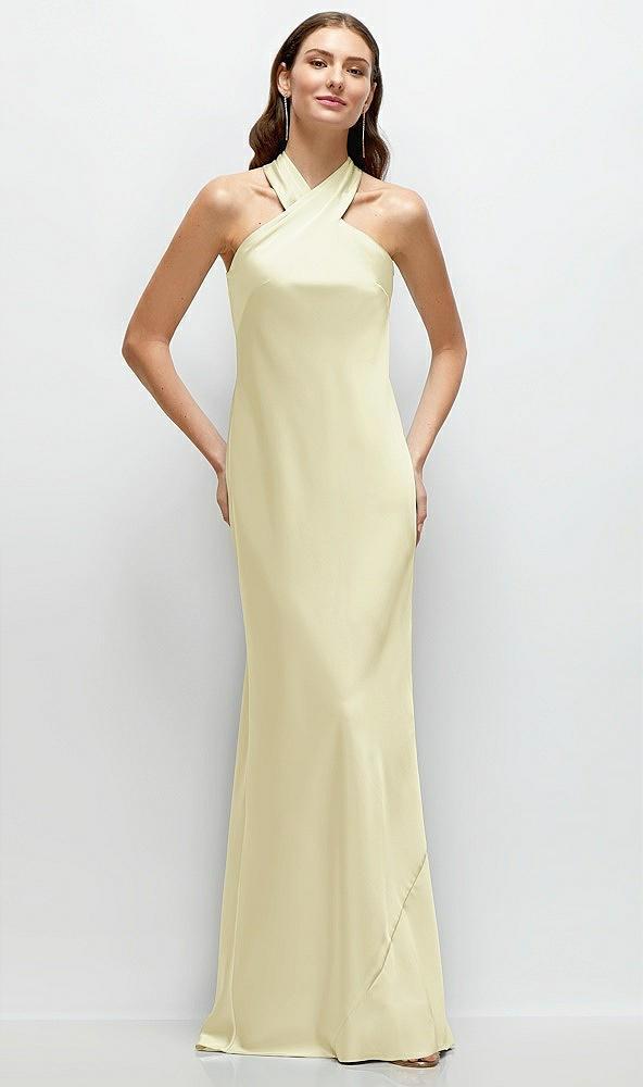 pleated halter bias satin maxi dress with self-tie bow back