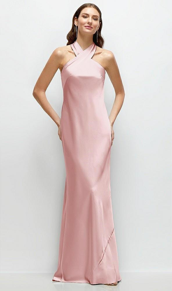 pleated halter bias satin maxi dress with self-tie bow back