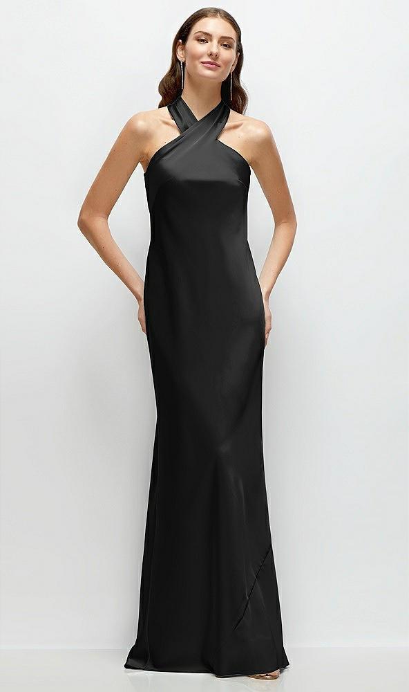 pleated halter bias satin maxi dress with self-tie bow back