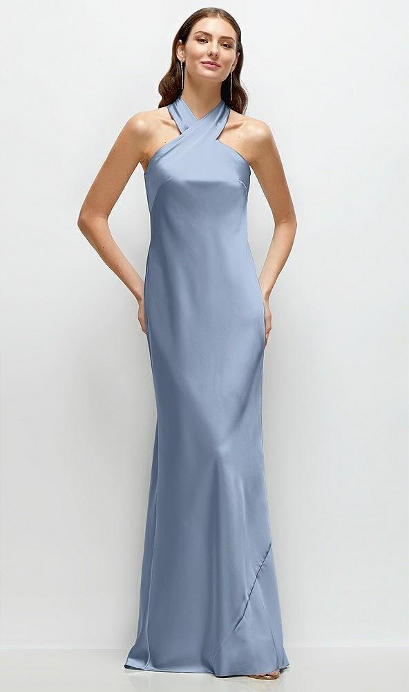 pleated halter bias satin maxi dress with self-tie bow back