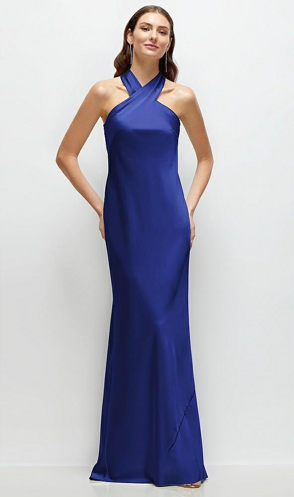 pleated halter bias satin maxi dress with self-tie bow back