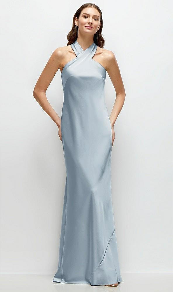 pleated halter bias satin maxi dress with self-tie bow back
