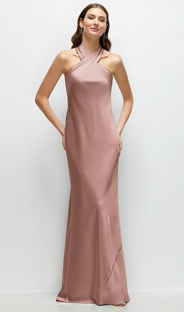 pleated halter bias satin maxi dress with self-tie bow back