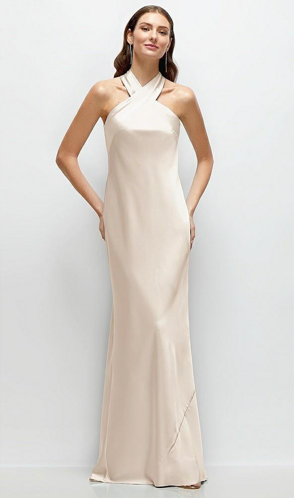 pleated halter bias satin maxi dress with self-tie bow back