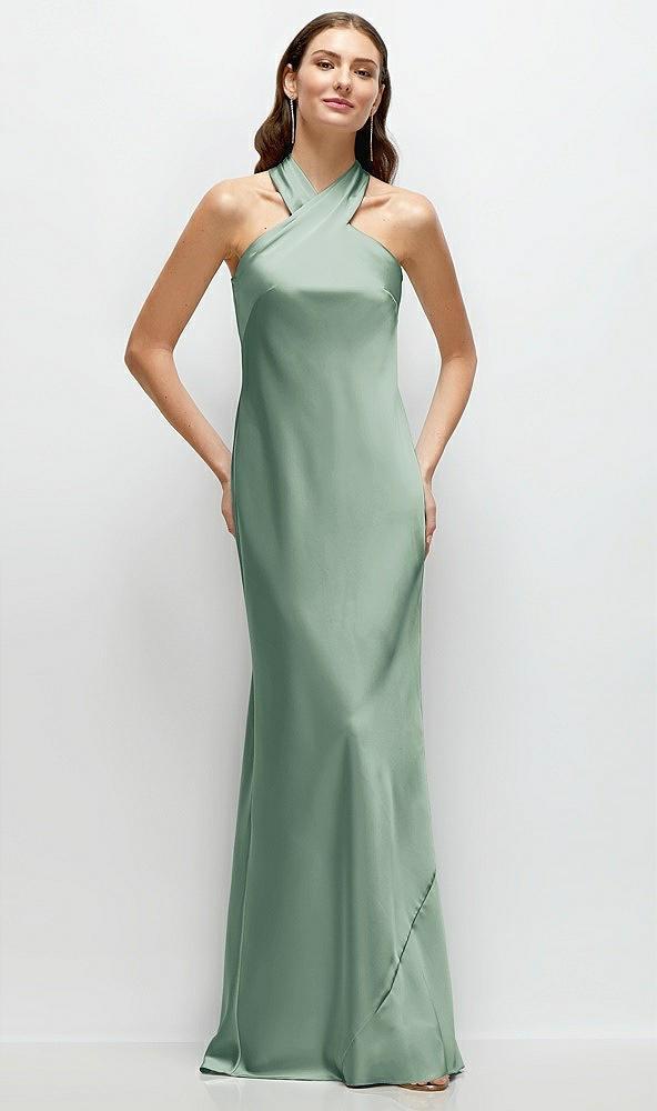 pleated halter bias satin maxi dress with self-tie bow back
