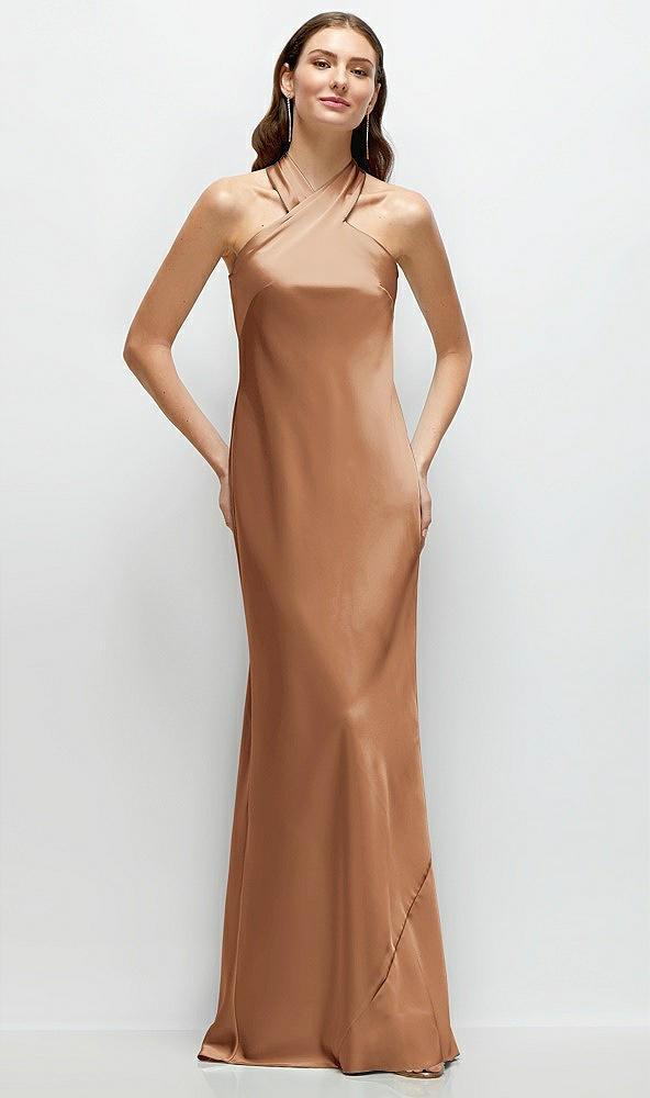 pleated halter bias satin maxi dress with self-tie bow back