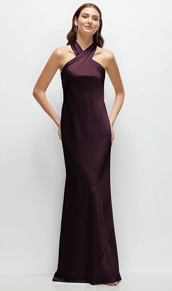 pleated halter bias satin maxi dress with self-tie bow back