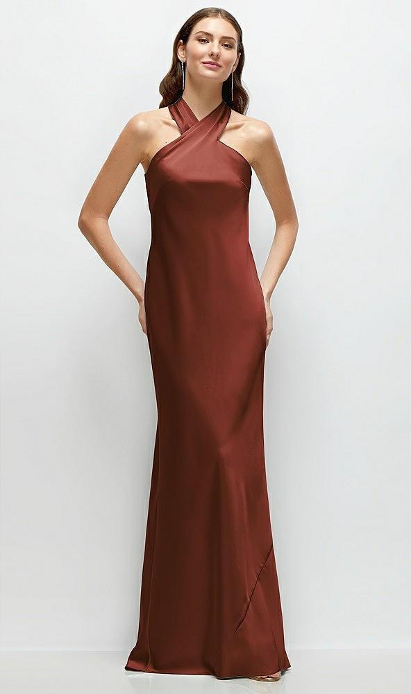 pleated halter bias satin maxi dress with self-tie bow back