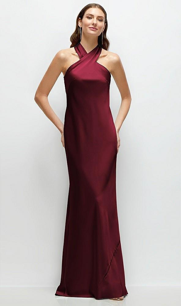 pleated halter bias satin maxi dress with self-tie bow back