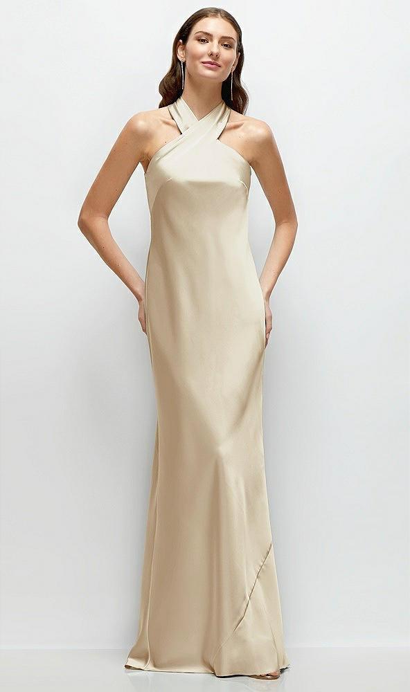 pleated halter bias satin maxi dress with self-tie bow back