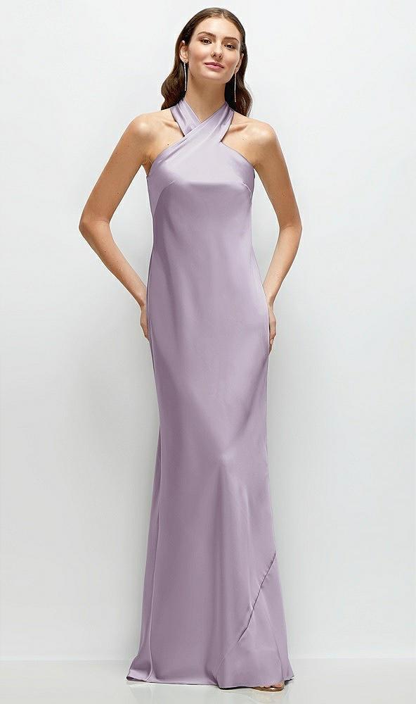 pleated halter bias satin maxi dress with self-tie bow back