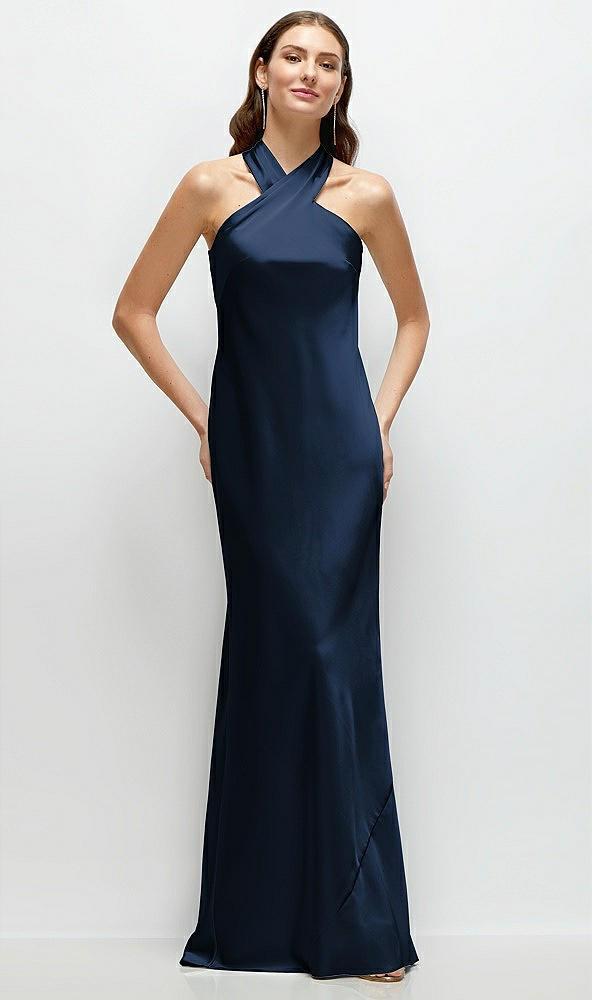 pleated halter bias satin maxi dress with self-tie bow back