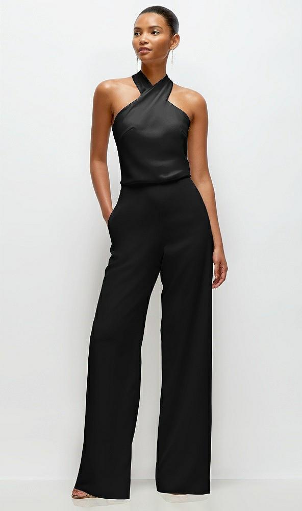 pleated halter blouson crepe wedding jumpsuit with self-tie bow back