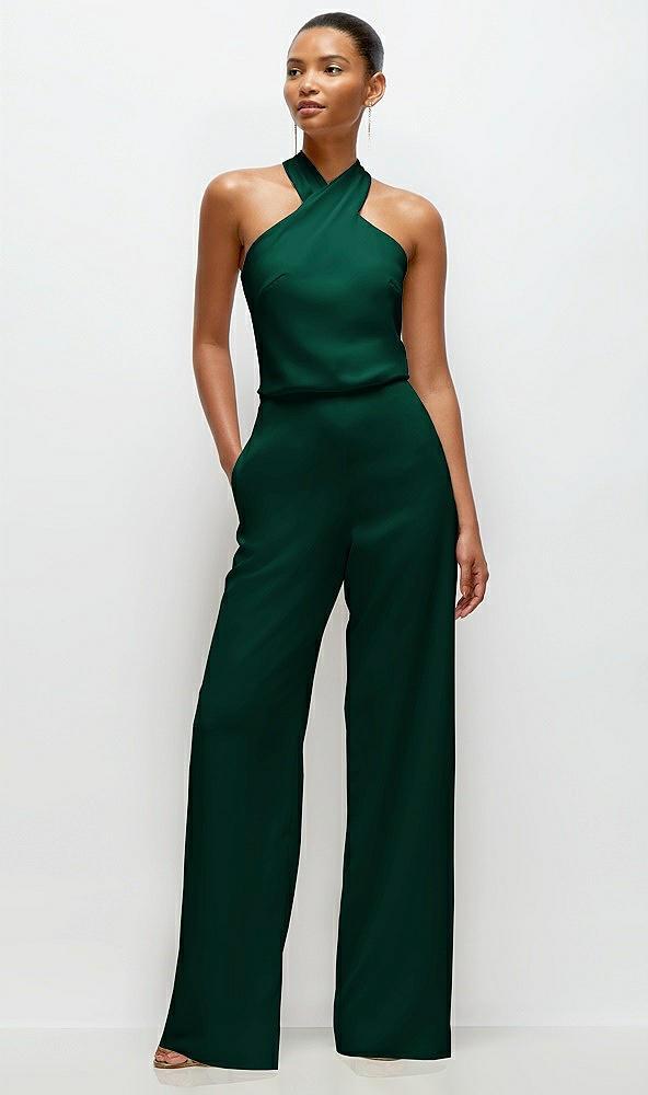 pleated halter blouson crepe wedding jumpsuit with self-tie bow back