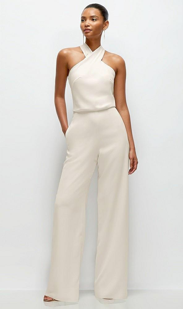 pleated halter blouson crepe wedding jumpsuit with self-tie bow back