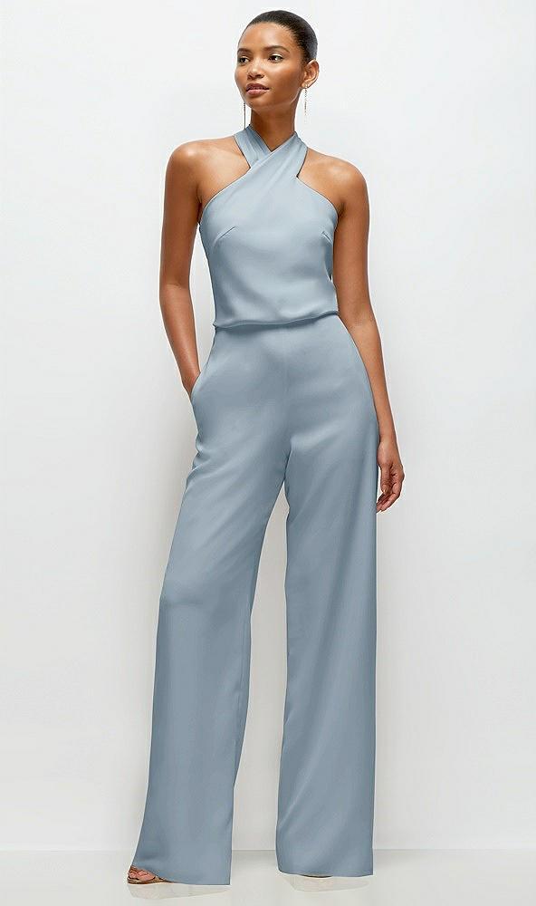 pleated halter blouson crepe wedding jumpsuit with self-tie bow back