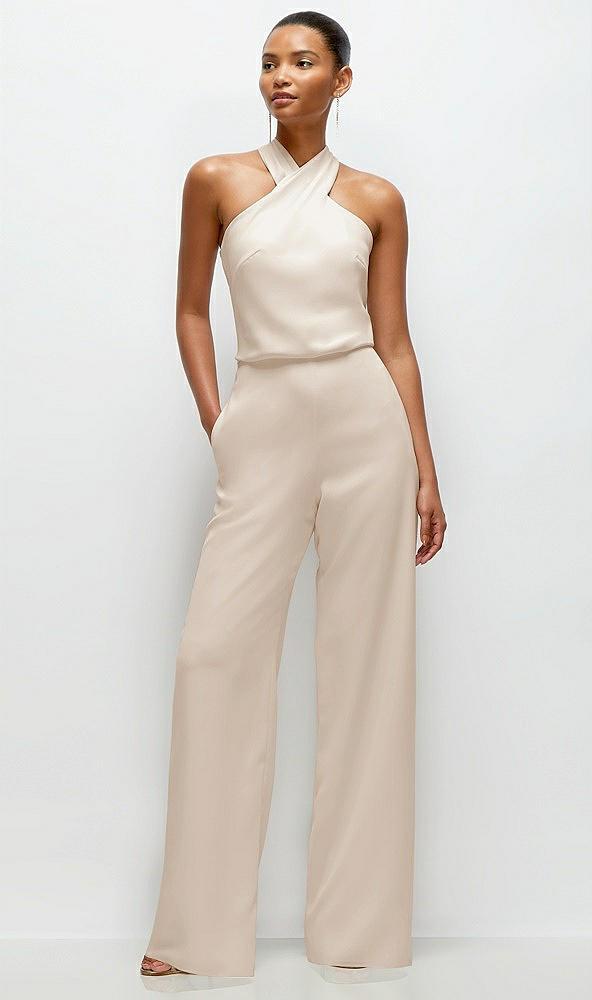 pleated halter blouson crepe wedding jumpsuit with self-tie bow back