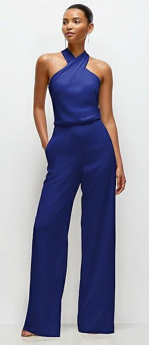 pleated halter blouson crepe wedding jumpsuit with self-tie bow back