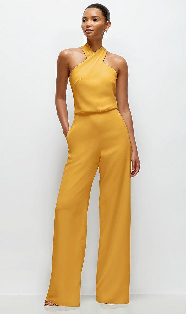 pleated halter blouson crepe wedding jumpsuit with self-tie bow back
