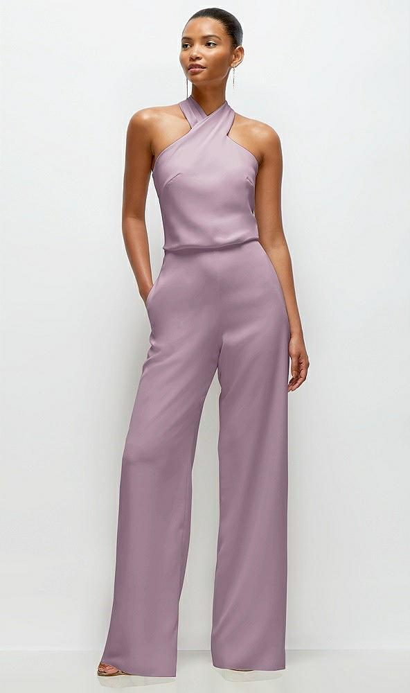 pleated halter blouson crepe wedding jumpsuit with self-tie bow back