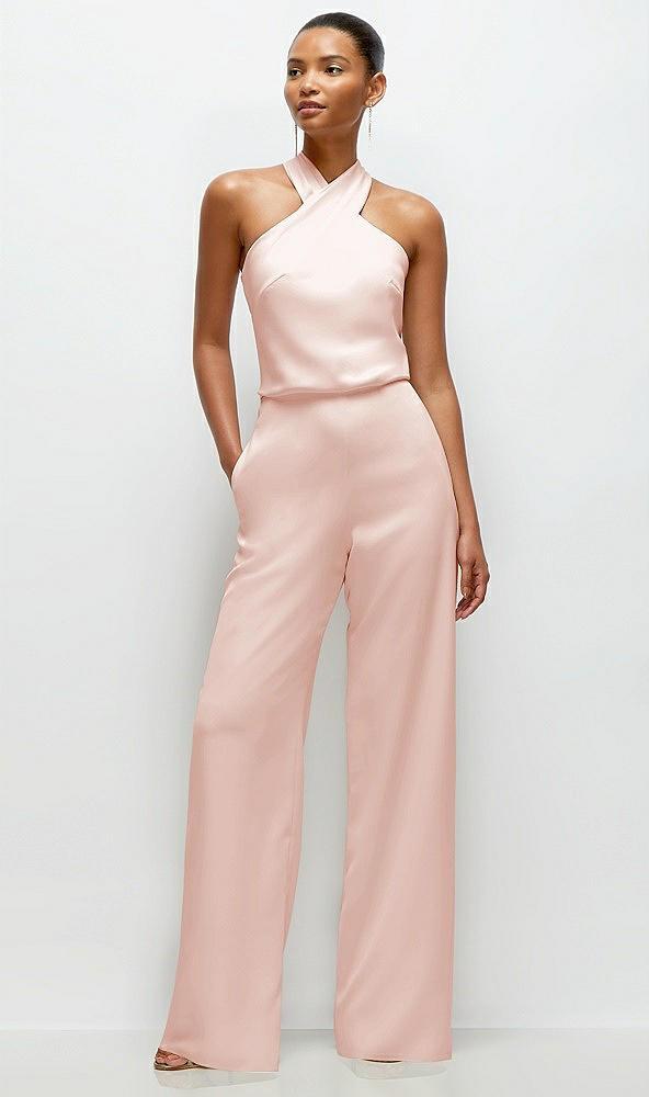 pleated halter blouson crepe wedding jumpsuit with self-tie bow back