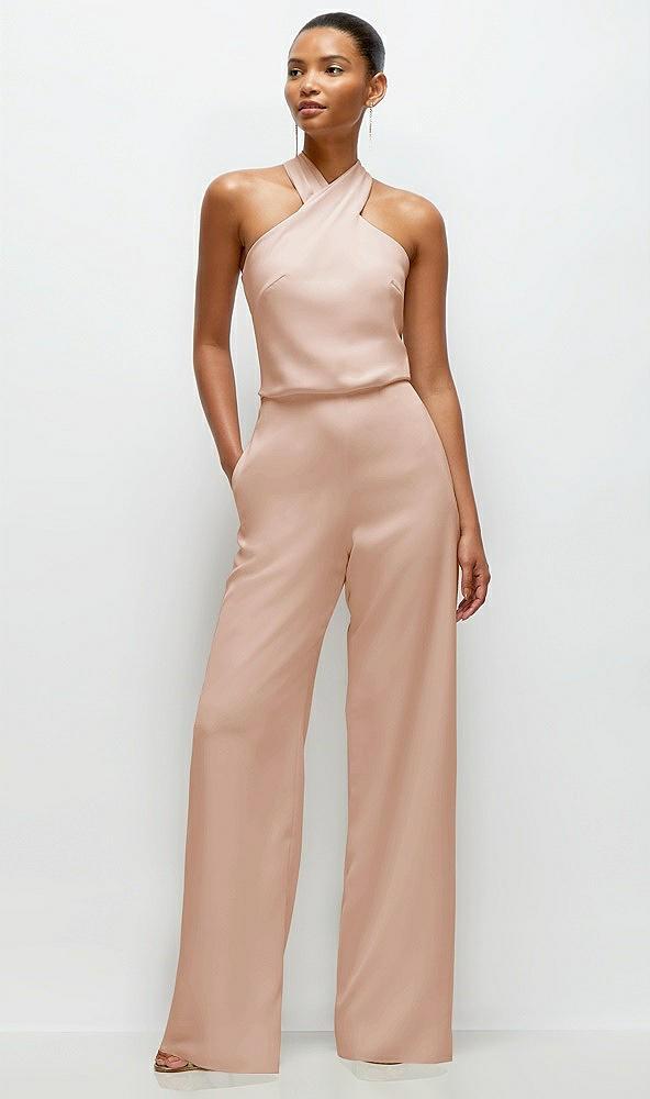 pleated halter blouson crepe wedding jumpsuit with self-tie bow back