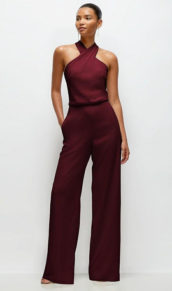 pleated halter blouson crepe wedding jumpsuit with self-tie bow back