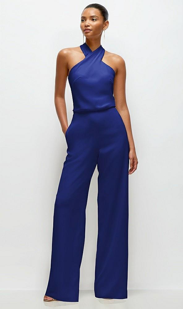 pleated halter blouson crepe wedding jumpsuit with self-tie bow back