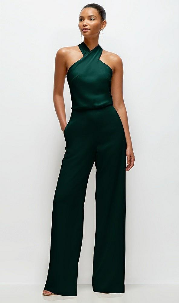 pleated halter blouson crepe wedding jumpsuit with self-tie bow back