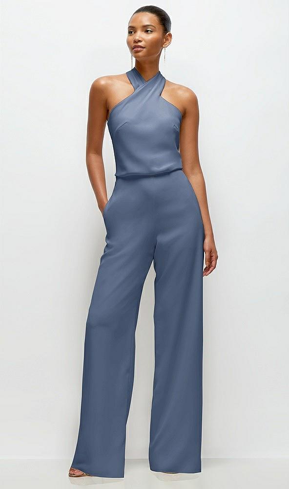 pleated halter blouson crepe wedding jumpsuit with self-tie bow back