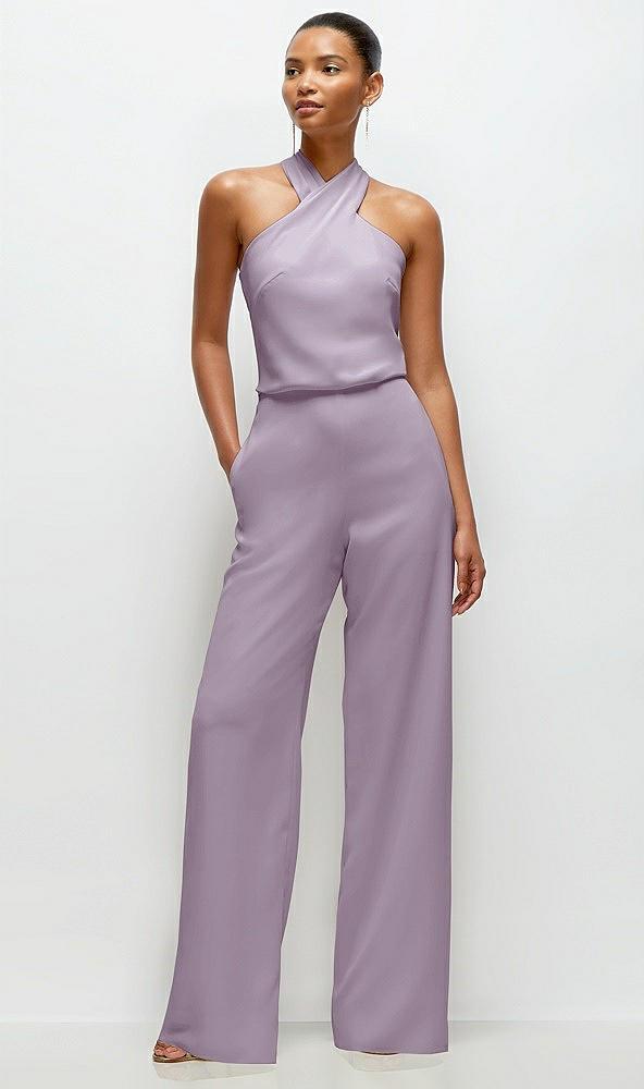 pleated halter blouson crepe wedding jumpsuit with self-tie bow back