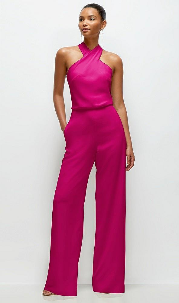 pleated halter blouson crepe wedding jumpsuit with self-tie bow back