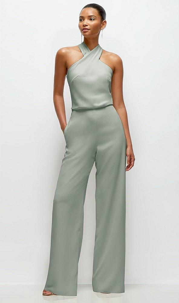 pleated halter blouson crepe wedding jumpsuit with self-tie bow back