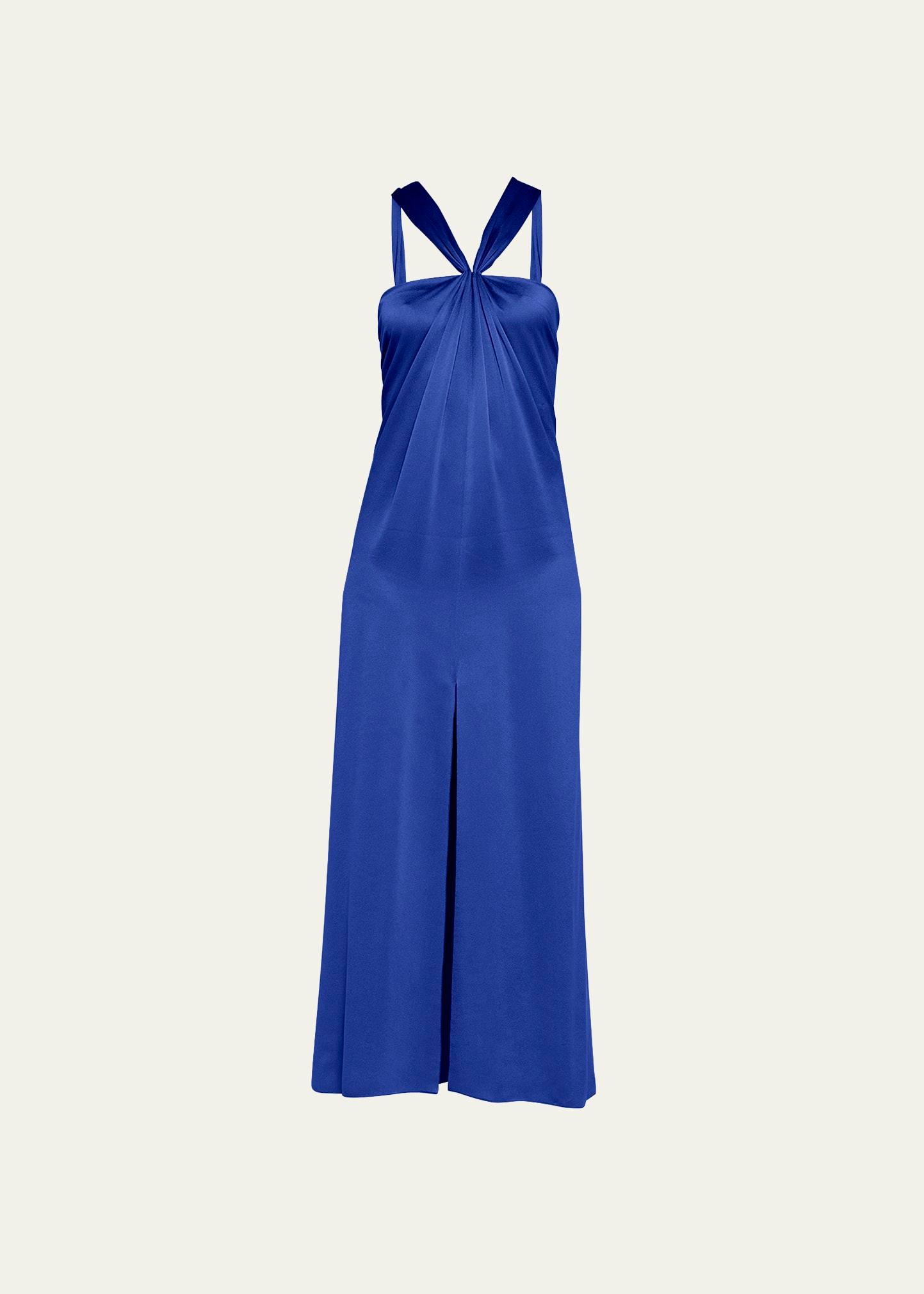 pleated halter slit-hem silk gown