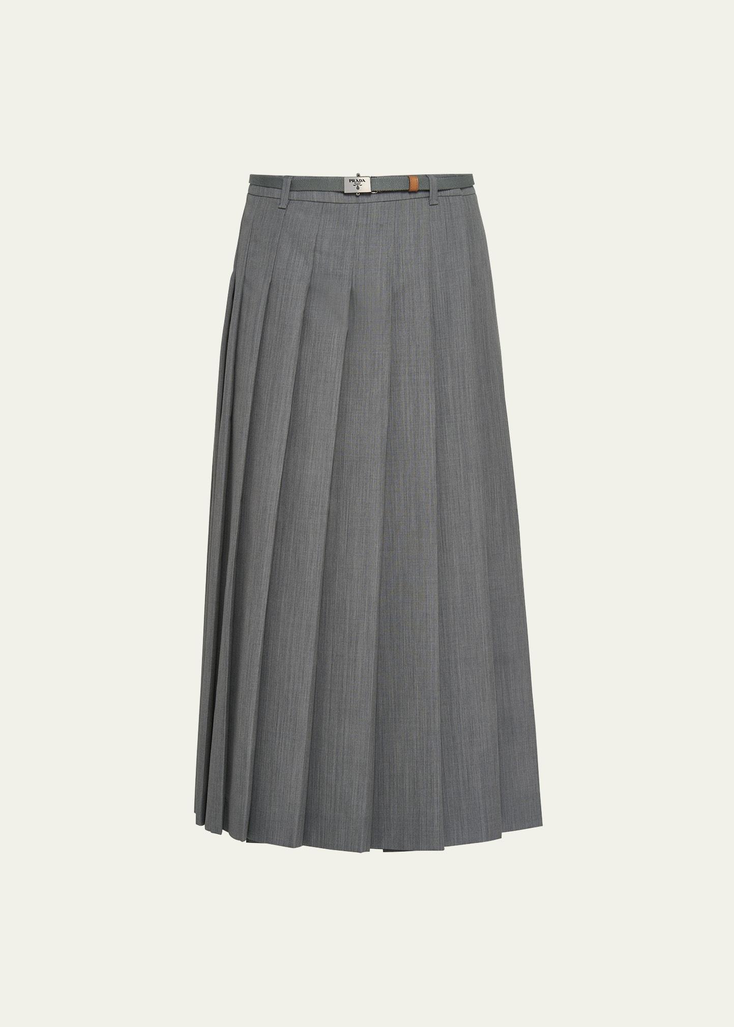 pleated kid mohair belted midi skirt