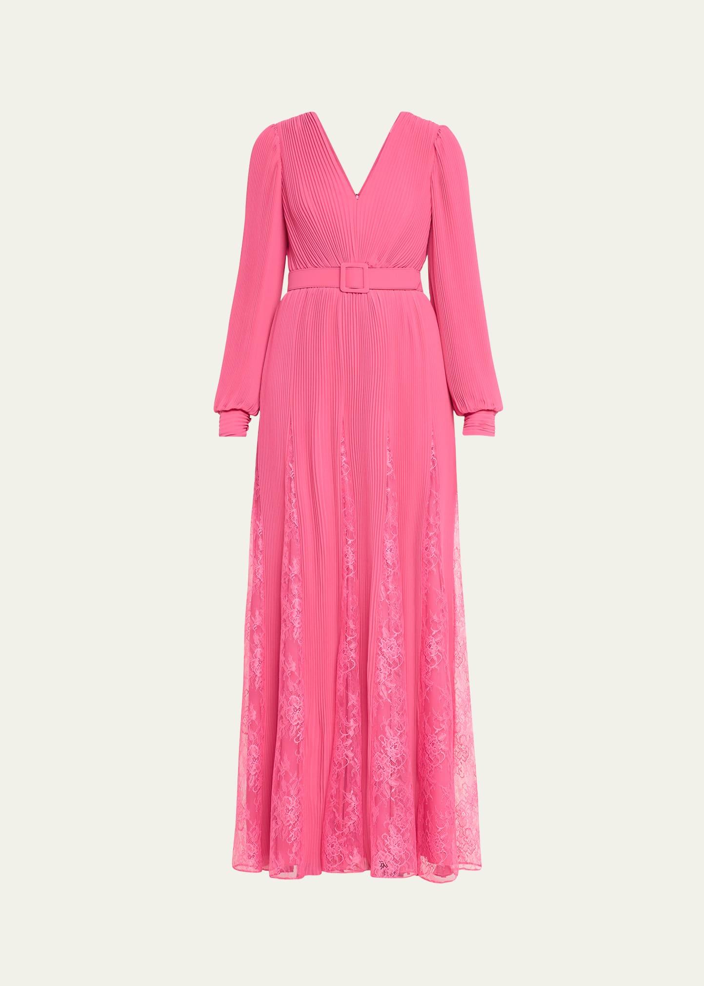 pleated lace-inset godet gown